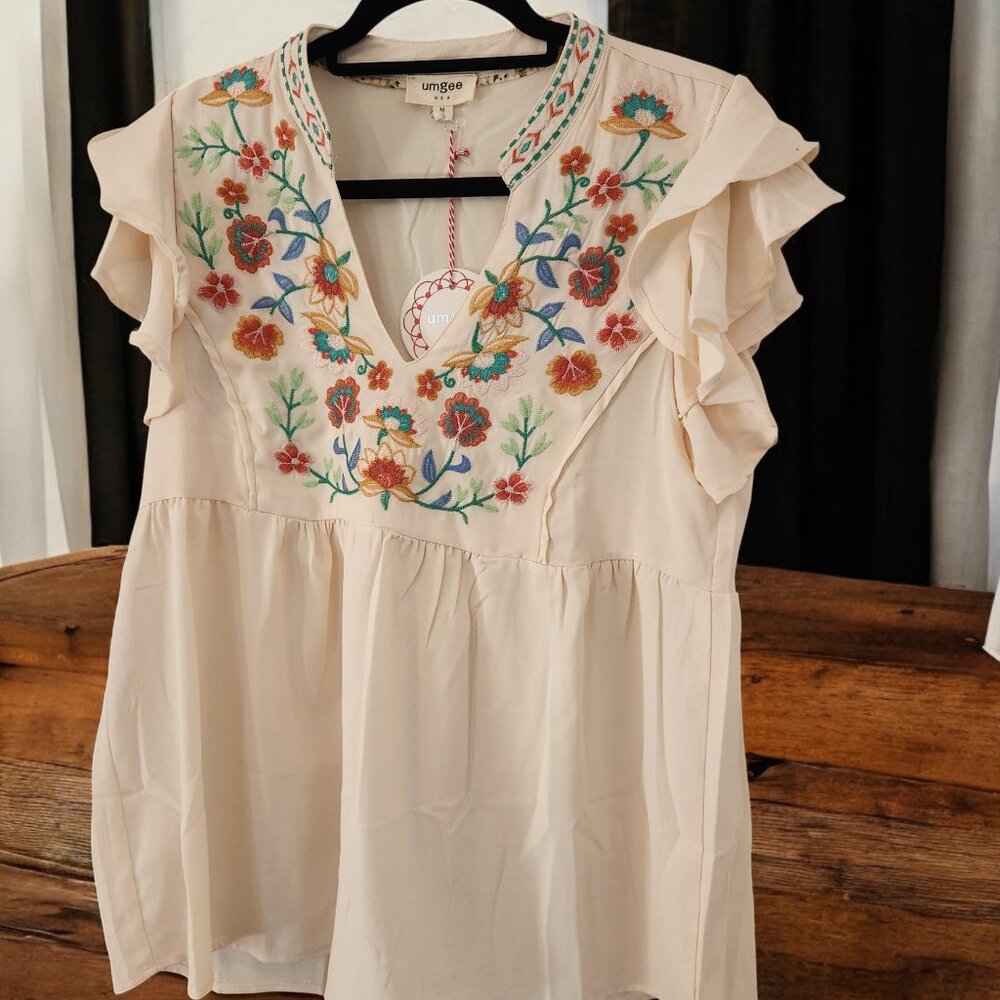 Umgee Embroidery Notched Double Ruffle Sleeve Blouse - Picture 3 of 11